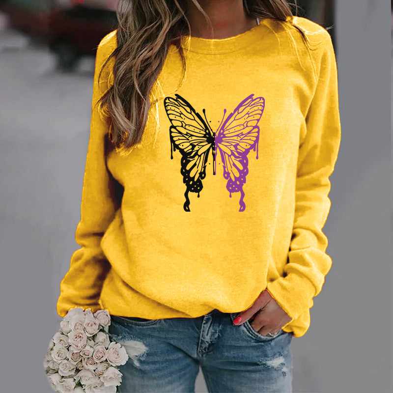 Butterfly Print Sports Pullover Round Neck Sweater