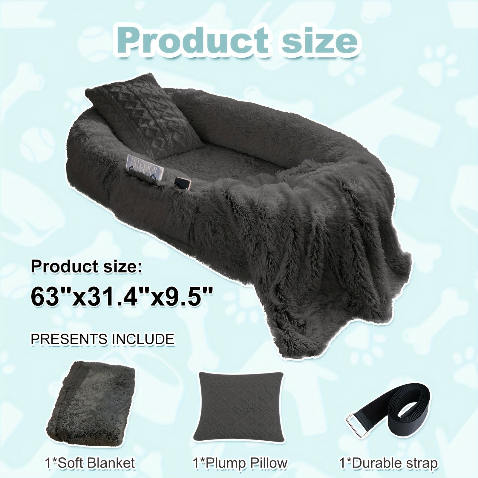 XXL Orthopedic Human-Dog Bed with Plush Pillow & Blanket - 71"x45"x12" Washable Faux Fur Bed for people & Pets, Non-Slip Base, Removable Cover - Grey Sofa Napping Couch for Large