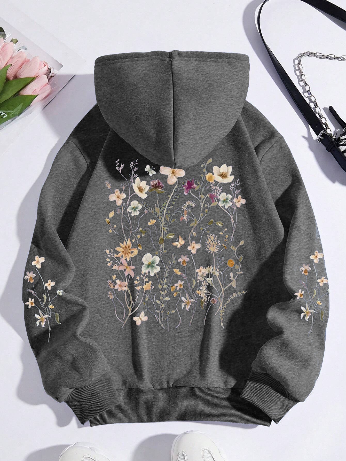 Floral Print Pocket Pullover Sweatshirt
