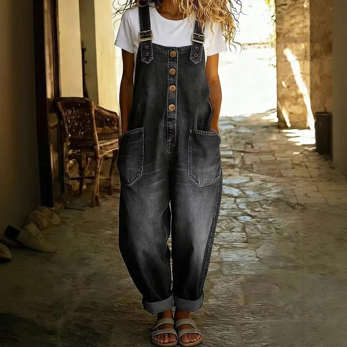 Fashionable Retro Distressed Loose Womens Casual Denim Jumpsuit