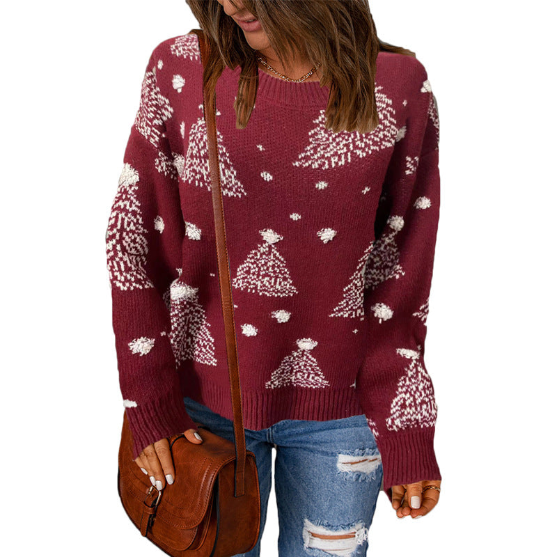Christmas Sweater Round Neck Long Sleeved Pullover Knitted Jacket for Women