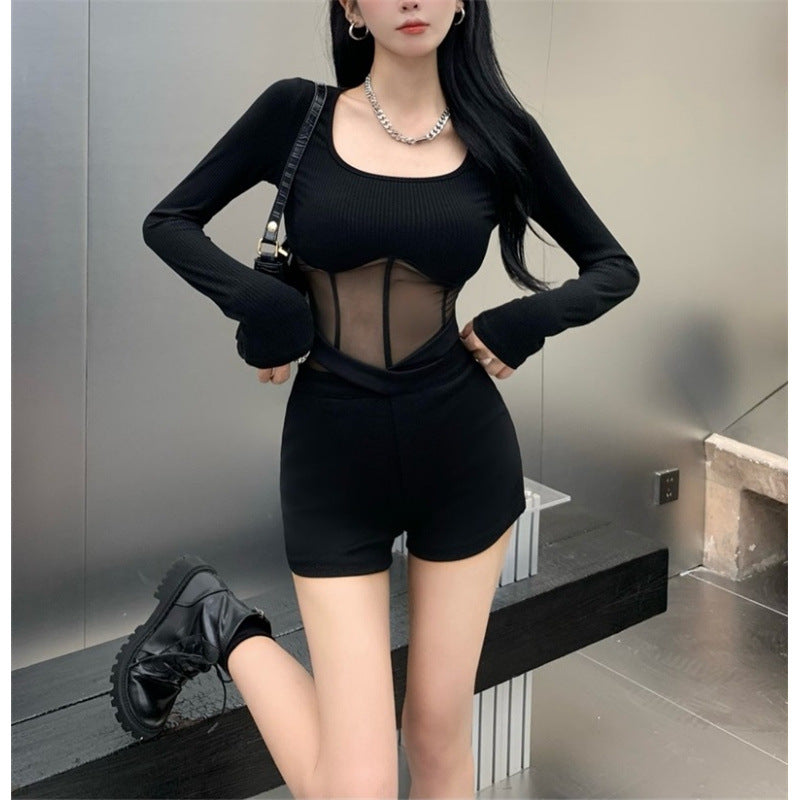 Mesh Slim Fit Sexy Hot Girl Fishbone Bottoming Shirt One-piece Scarf Detachable