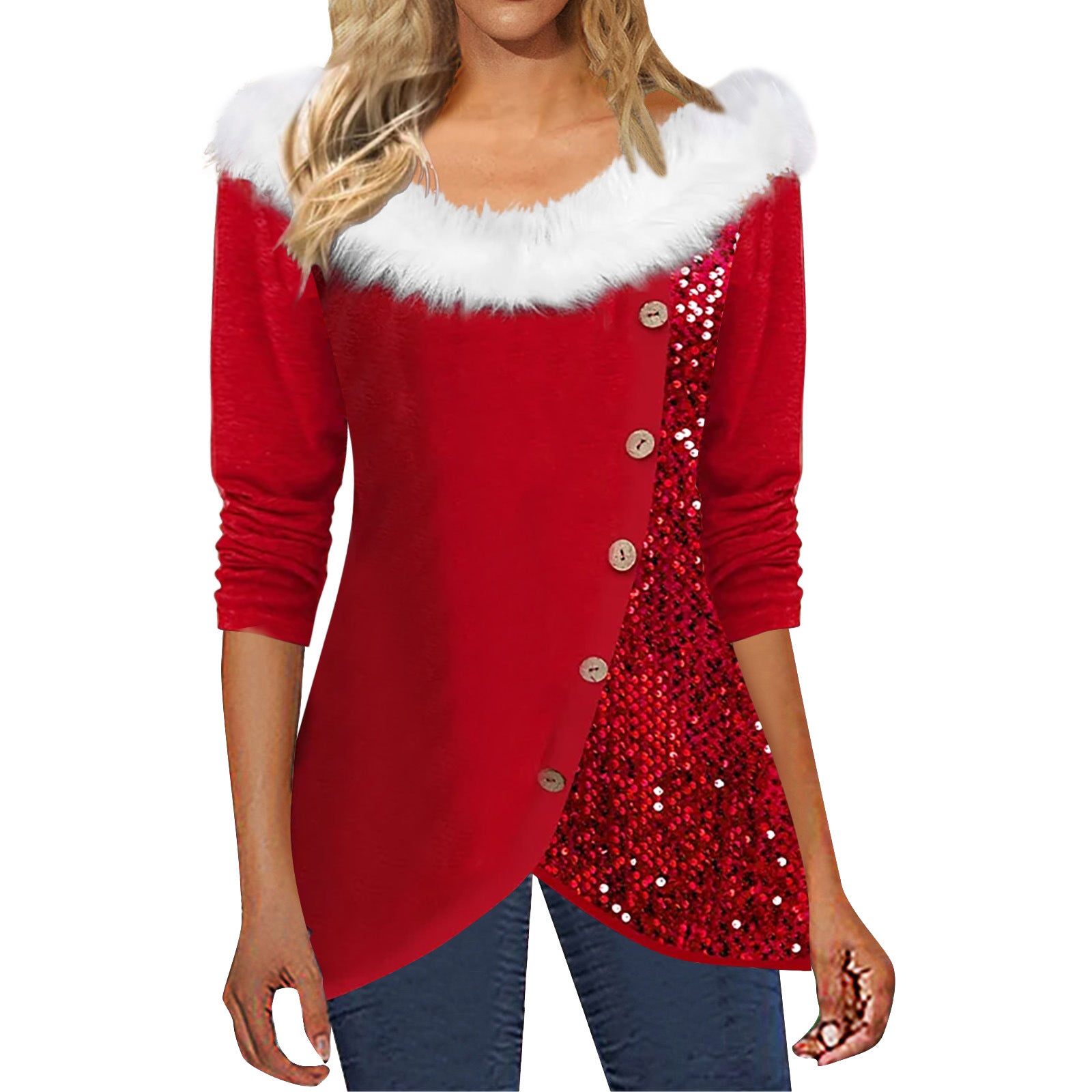 Sequin Fur Collar Off-Shoulder Long Sleeve Top