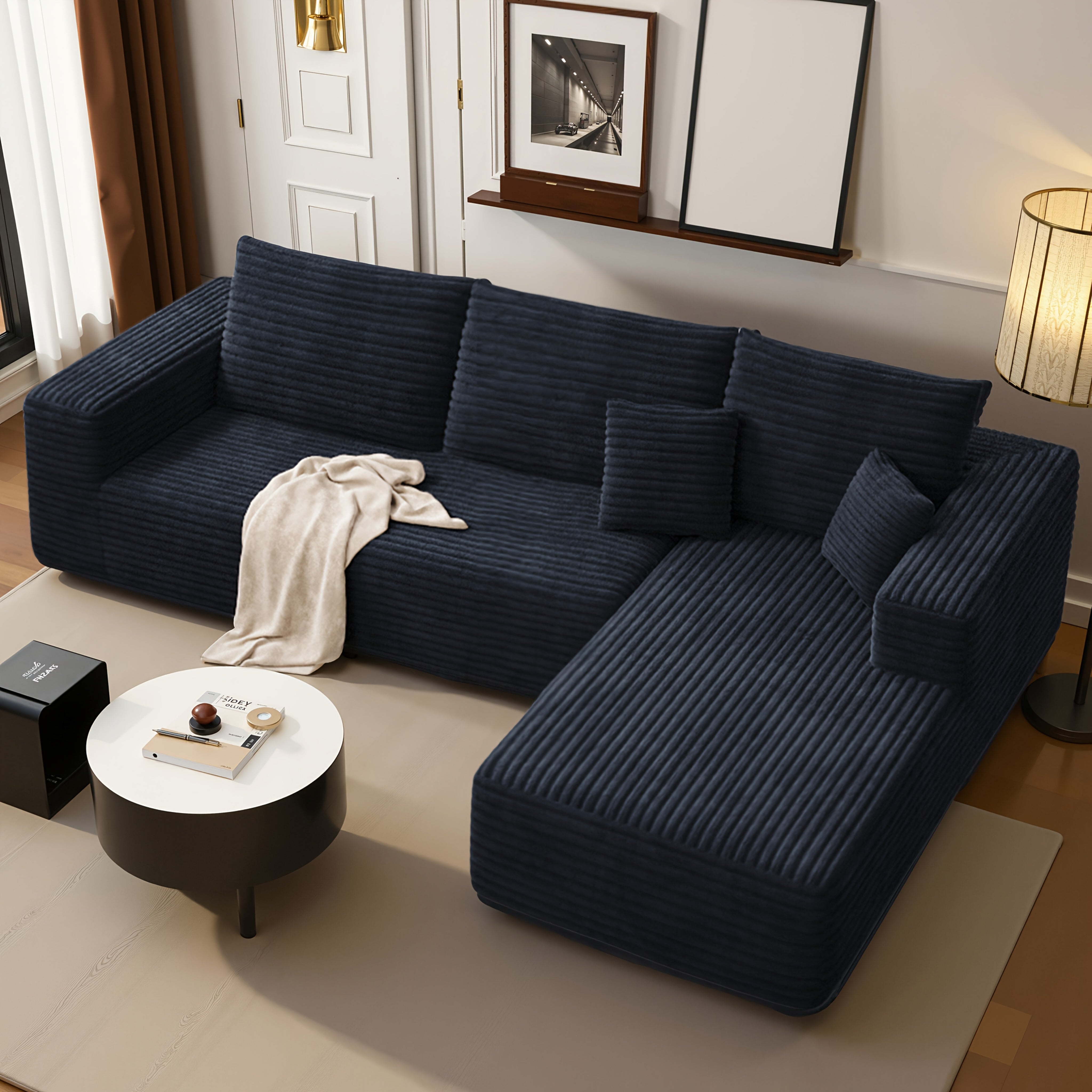 LIAROO Oversized L-Shaped Sectional Sofa with Chaise Lounge - Modular Cloud Design, Plush Corduroy Upholstery, Memory Foam Cushions & Boneless Construction, No Assembly Required, Black Contemporary...