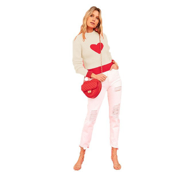 Heart Peach Round Neck Pullover Knitted Sweater