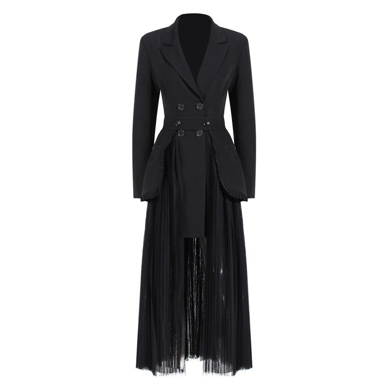 Double Breasted Blazer Spliced Pleated Tulle Midi Dress