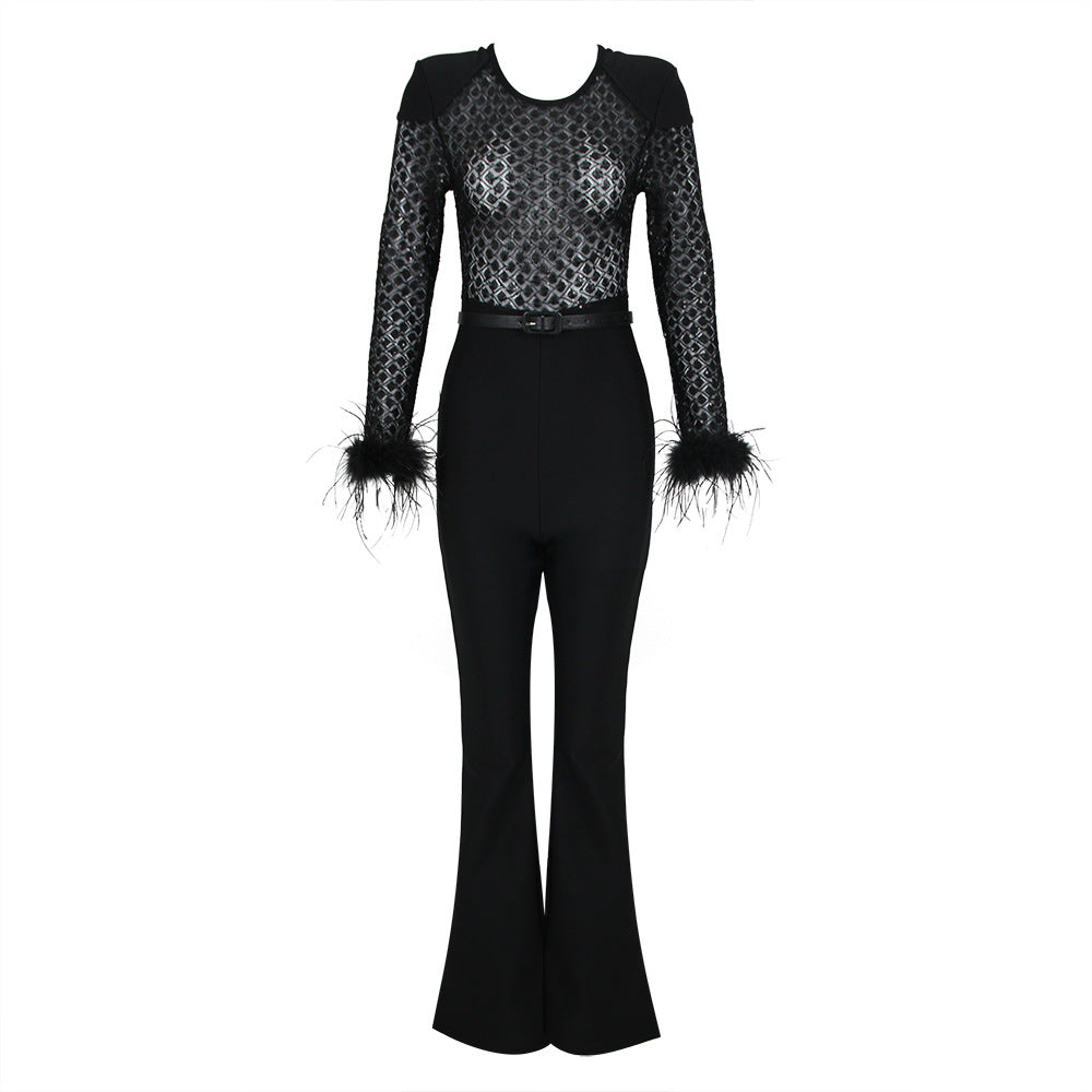 Women's Fashionable Elegant Lace Feather Sequins Bandage Jumpsuit