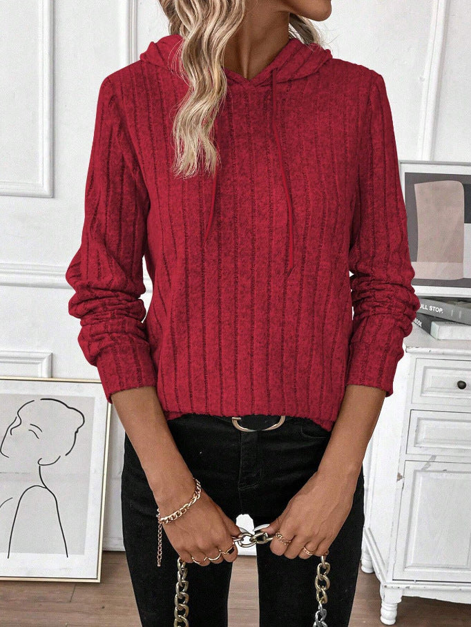 Casual Rib Sunken Stripe Pullover Hooded Long Sleeves Sweater