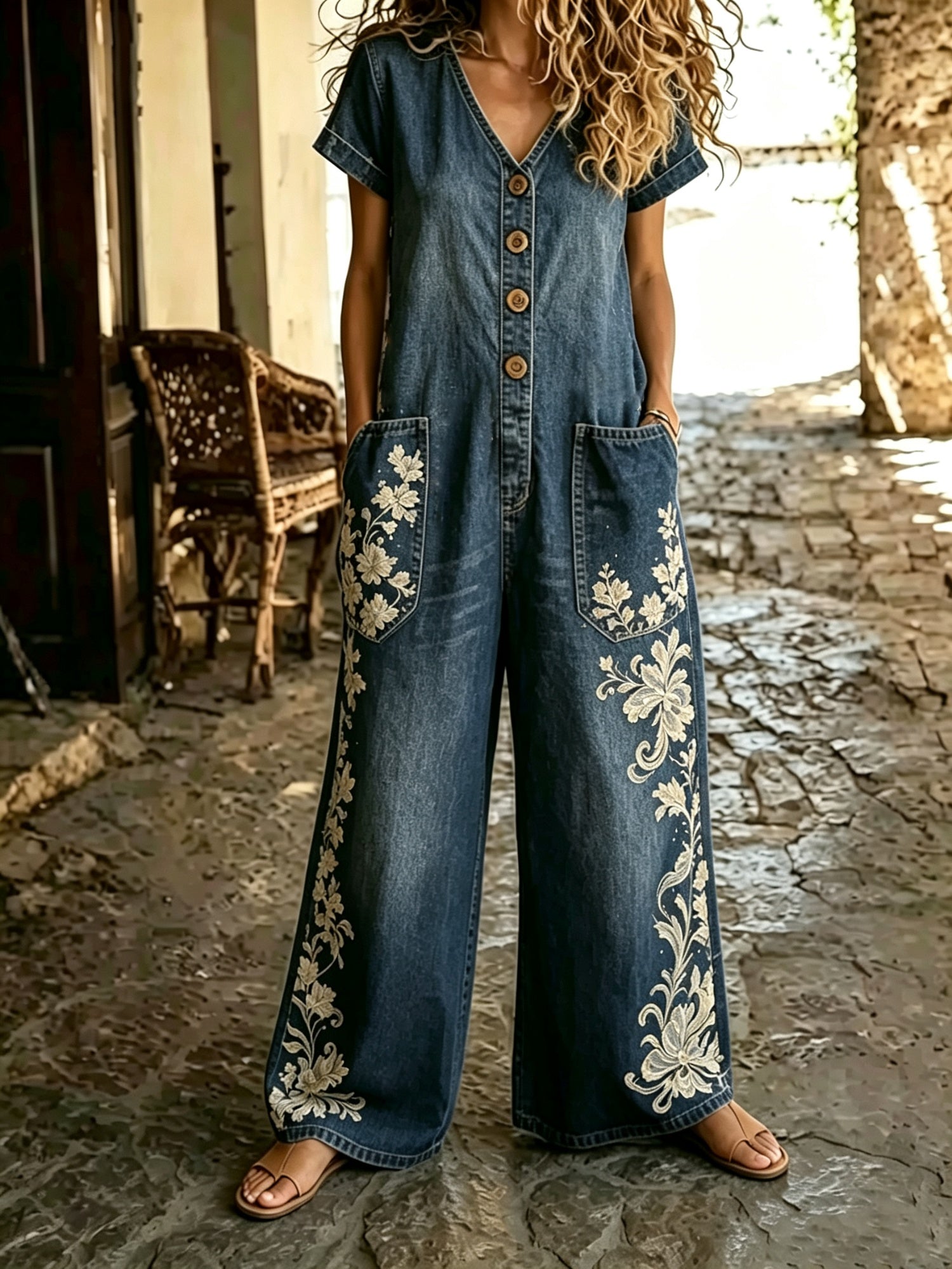 Casual Denim Short-Sleeve Wide-Leg Jumpsuit with Pockets