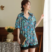 Womens Summer Short-Sleeve Pajamas Ice Silk Pajama Pants Two-Piece Set