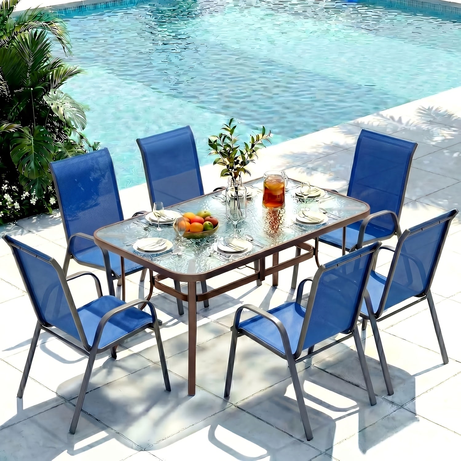 [All Weather Patio Set] Patio Dining Set for 6, Outdoor Table And Chairs W/ 1.69" Umbrella Hole, 30" X 55" Table And Stackable Textilene Chair, All Weather Patio Furniture Set (Umbrella Not Included)