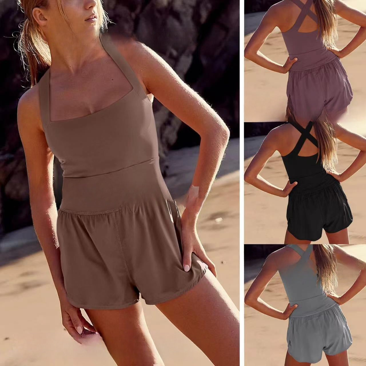 Comfy Cross-Back Hollow Fitness Jumpsuit