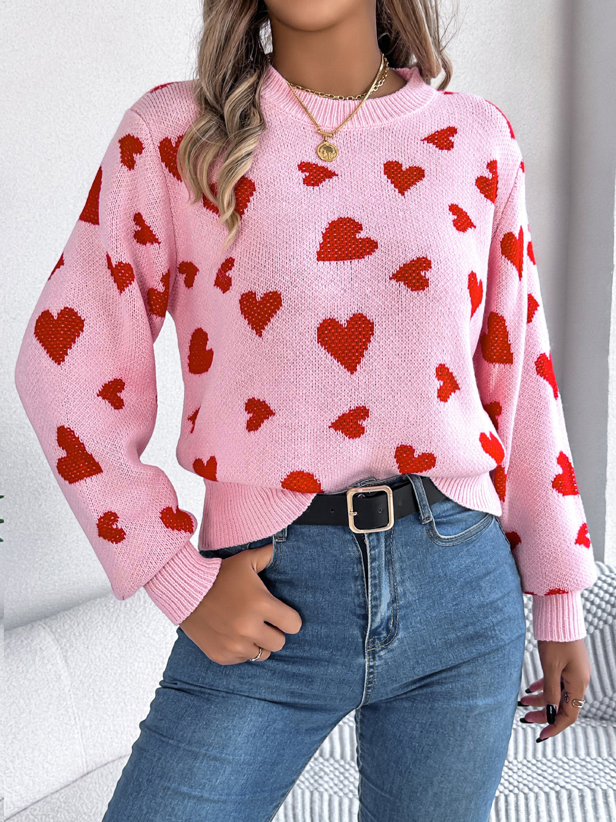 Women Casual Color Block Heart Lantern Sleeve Pullover Sweater