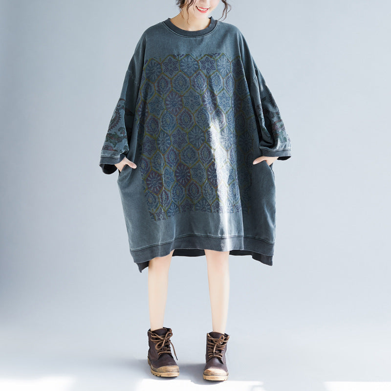 Plus Size Batwing Sleeve Printed Casual Dress