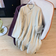 New Chinese-style Slant-Collar Button-Loop Tie Cotton-Linen Shirt For Women