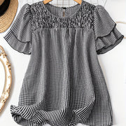 Plaid-print Short-sleeve Crew-neck Top With Trim And Pleats