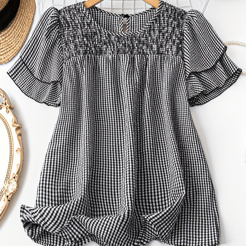 Plaid-print Short-sleeve Crew-neck Top With Trim And Pleats