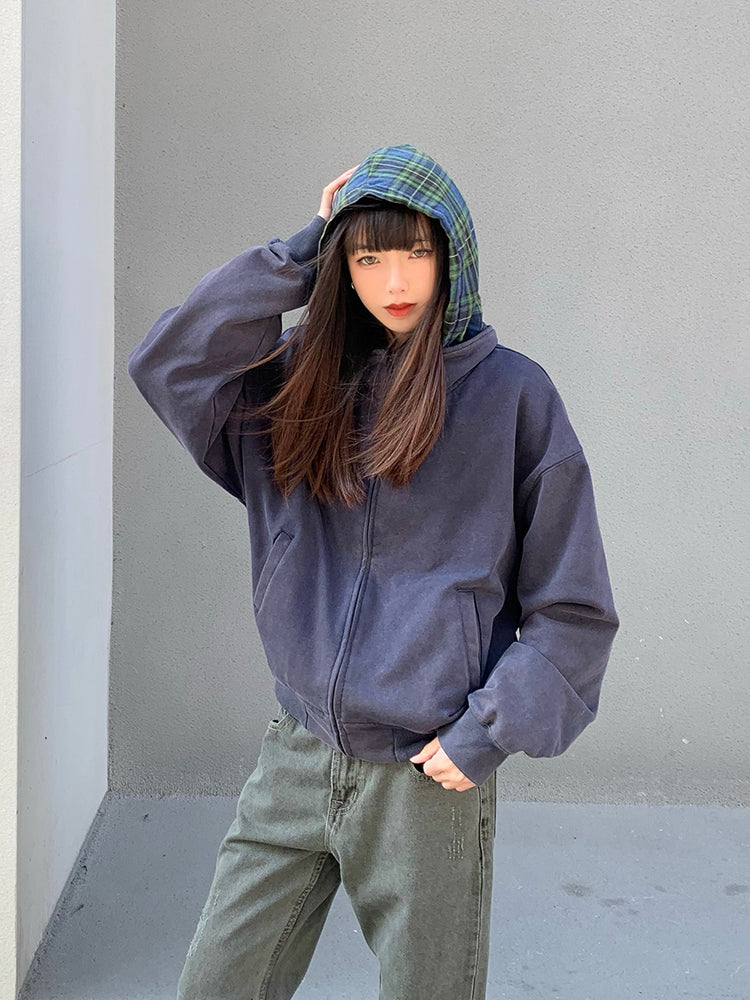 Retro Plaid Zip Hoodie Unisex Cleanfit Sweatshirt