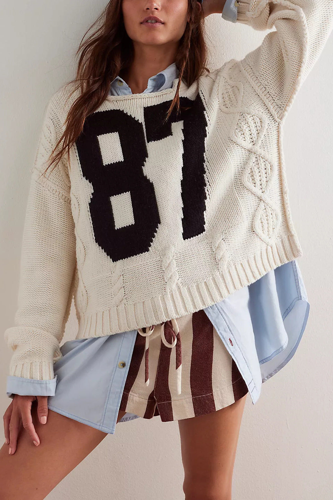 Women's Digital Contrast Color Knitted Pullover Loose-fitting Long Sleeves Sweater