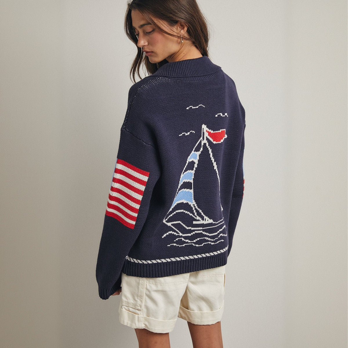 Sailboat-patterned Sweater Casual Long-sleeve Cardigan