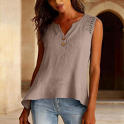 Elegant V‑Neck Hollow‑Out Cotton‑Linen Short‑Sleeve Top – Solid Colors