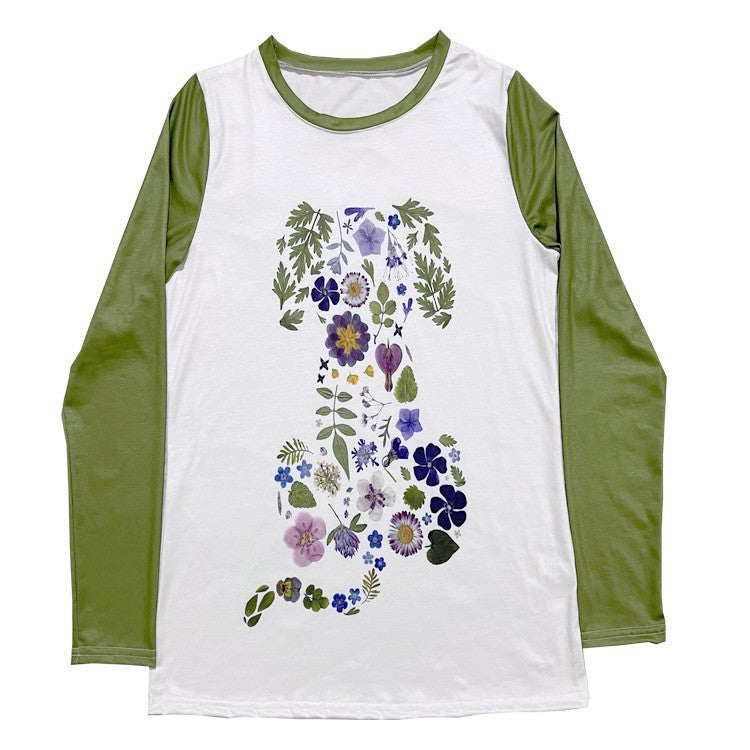 Floral Print Long Sleeve Pullover Round Neck Top for Women