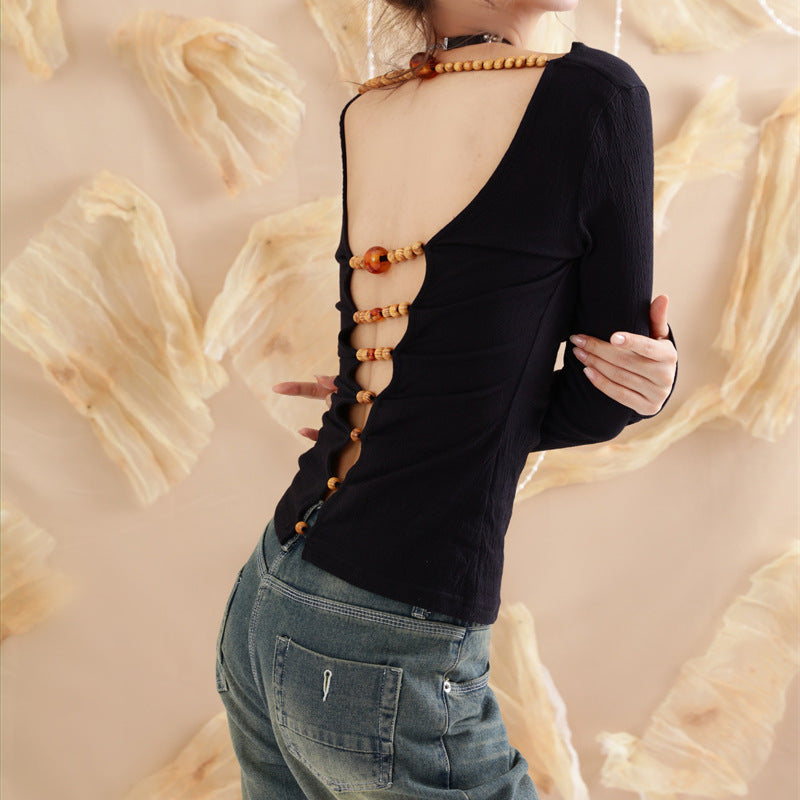Retro Wooden Bead Slim Fit Top