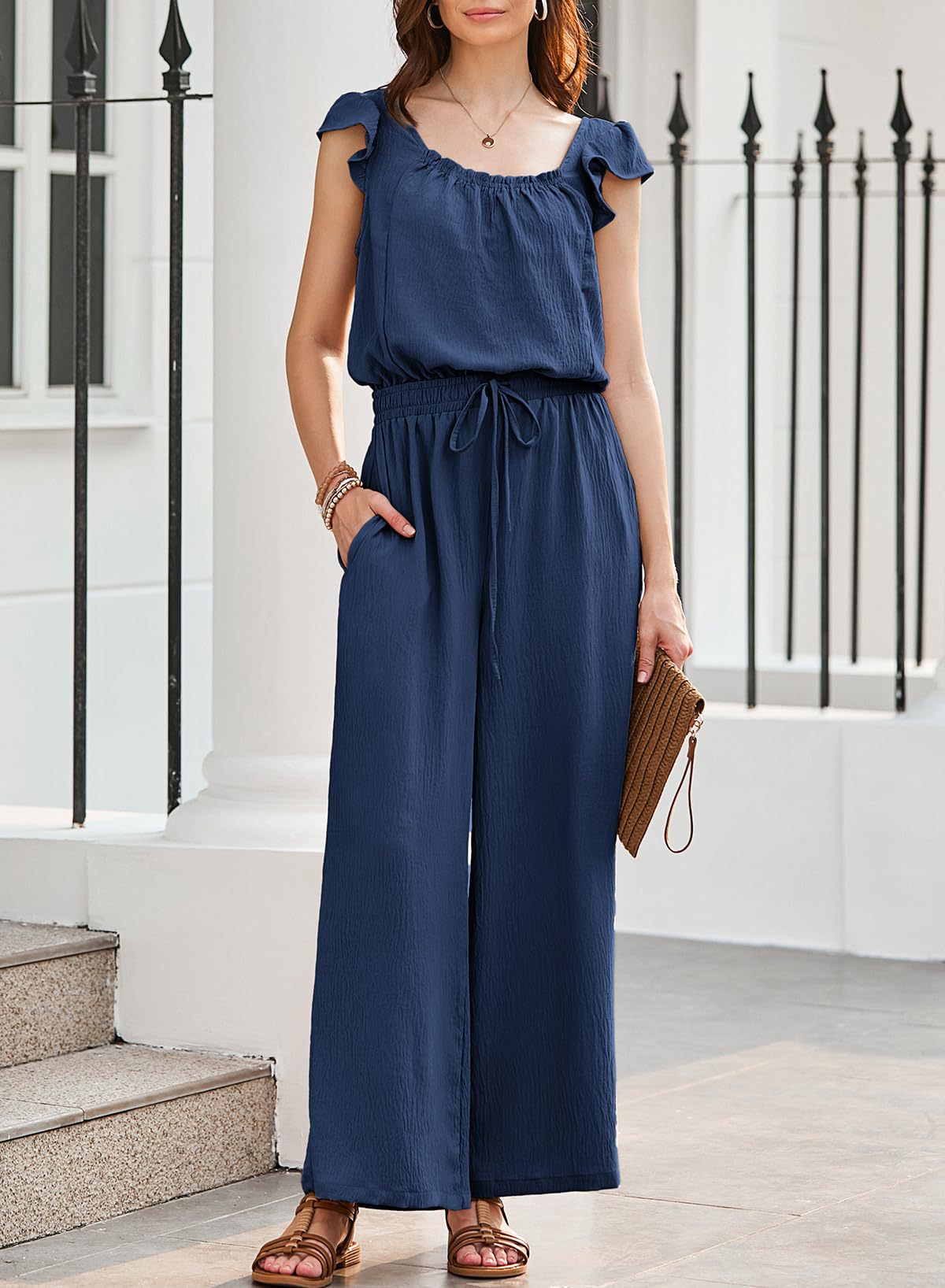 Solid-color Sleeveless Ruffle-sleeve One-piece Jumpsuit For Women