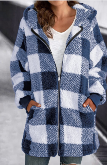 Plush Plaid Hooded Long Coat for Women