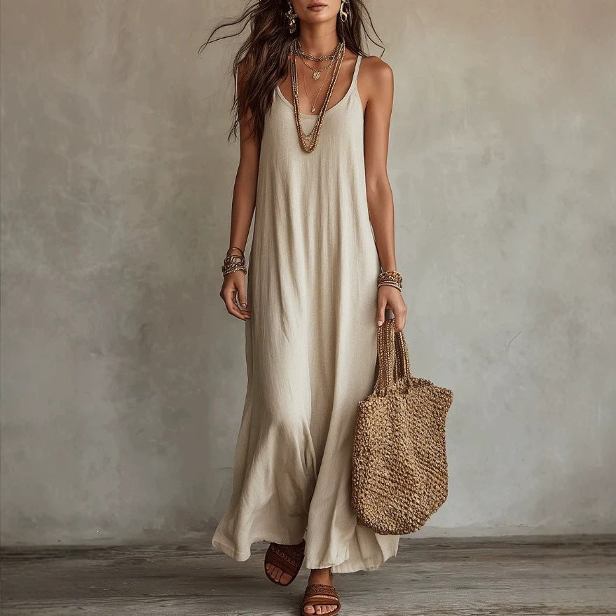 Womens Bohemian Loose-fit Solid-color Dress