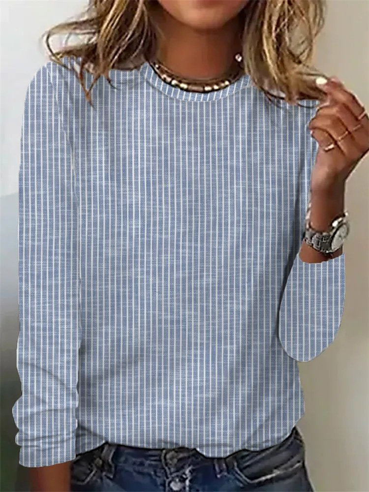 Women's Striped Round Neck Loose Casual Long-Sleeve T-Shirt