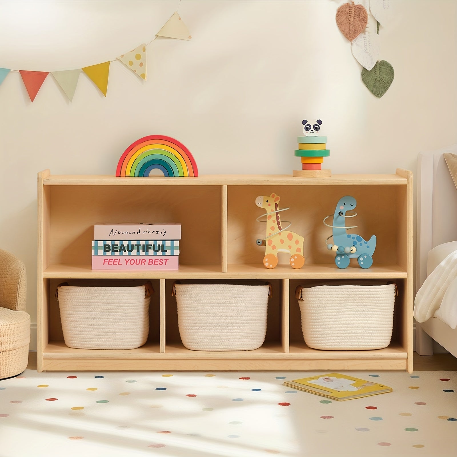 [Wood Storage Organizer] Large Wood Storage Organizer, 2-Shelf Wood Bookshelf, 5-Section Kids Bookshelf, Wooden Storage Cabinet for Classroom, Kids Bookcases And Toddler Shelf for Kids Room, Playroom, Nursery