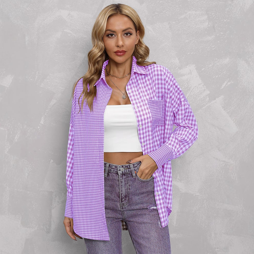 Lapel Plaid Colorblock Loose Casual Shirt