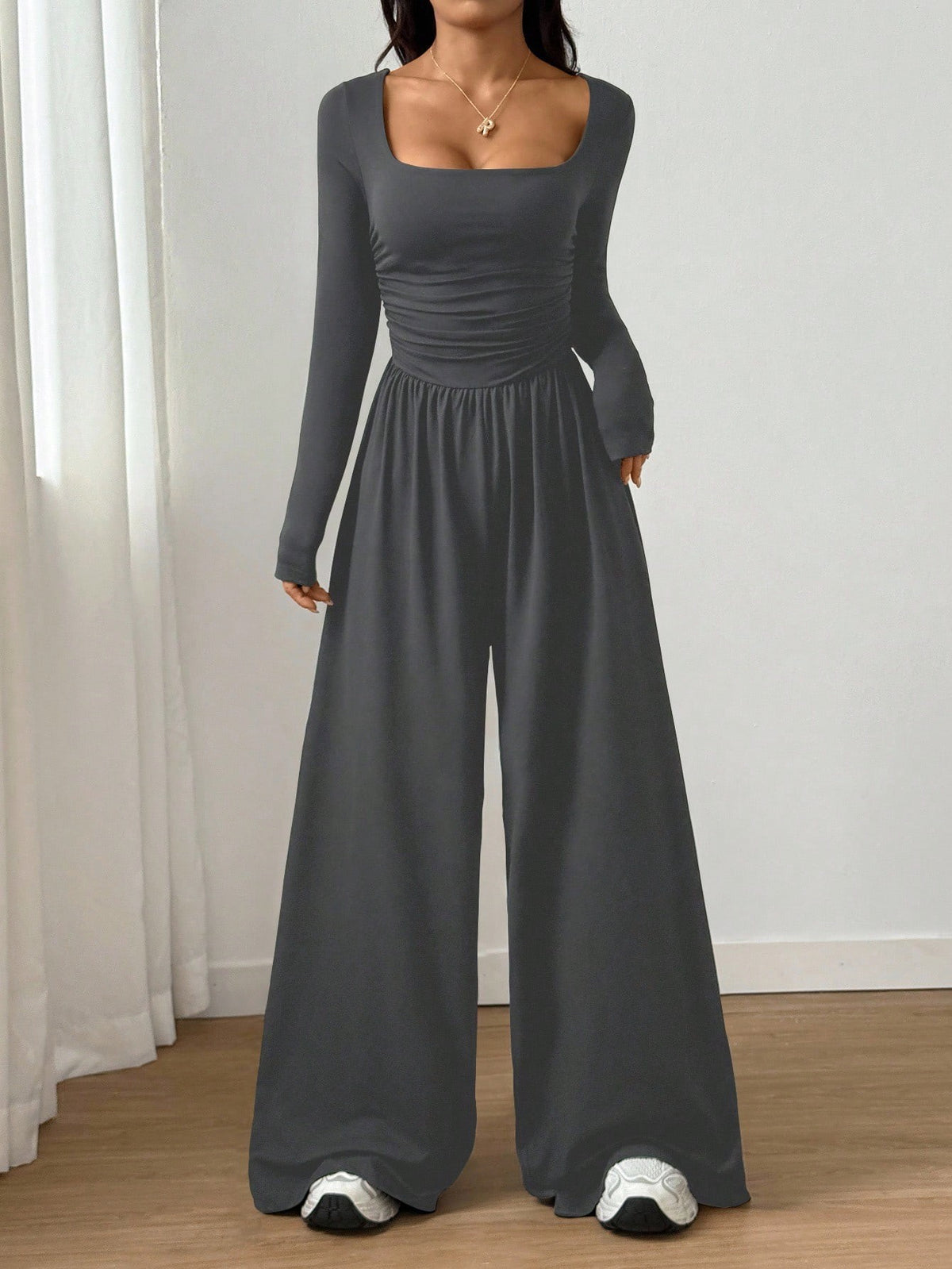 2026 Spring Fall Women's Casual Solid Color Square Neck Long Sleeve A-Line Jumpsuit Pleating Wide Leg Loose Mopping Jumpsuit