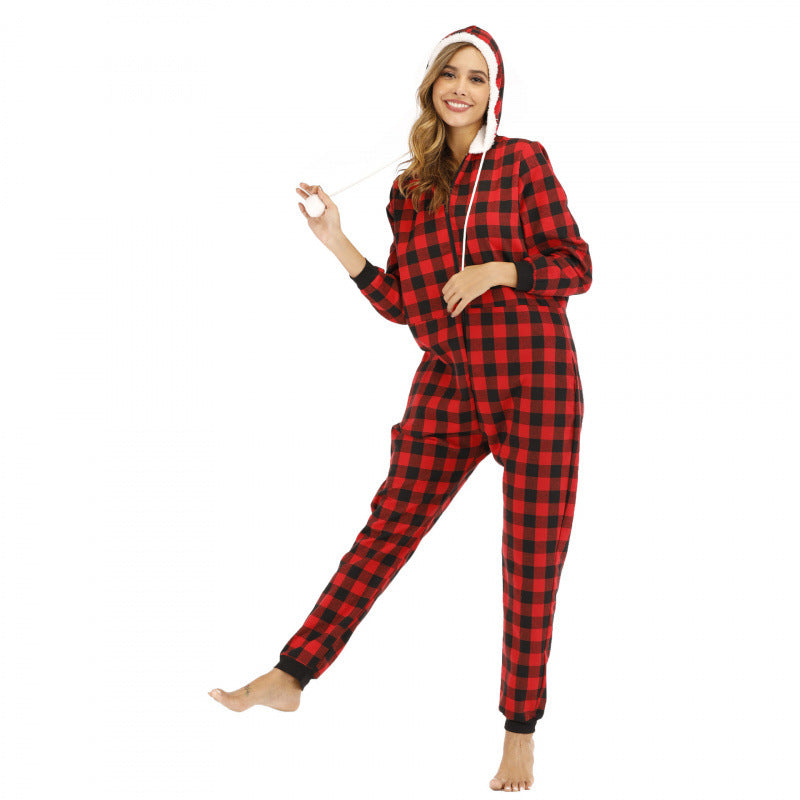 Women's Plaid Hooded Cotton Jumpsuit Casual Romper