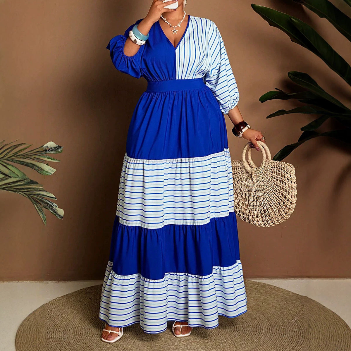 Striped Color-block Half-sleeve Waist-cinching V-neck Dress