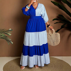 Striped Color-block Half-sleeve Waist-cinching V-neck Dress