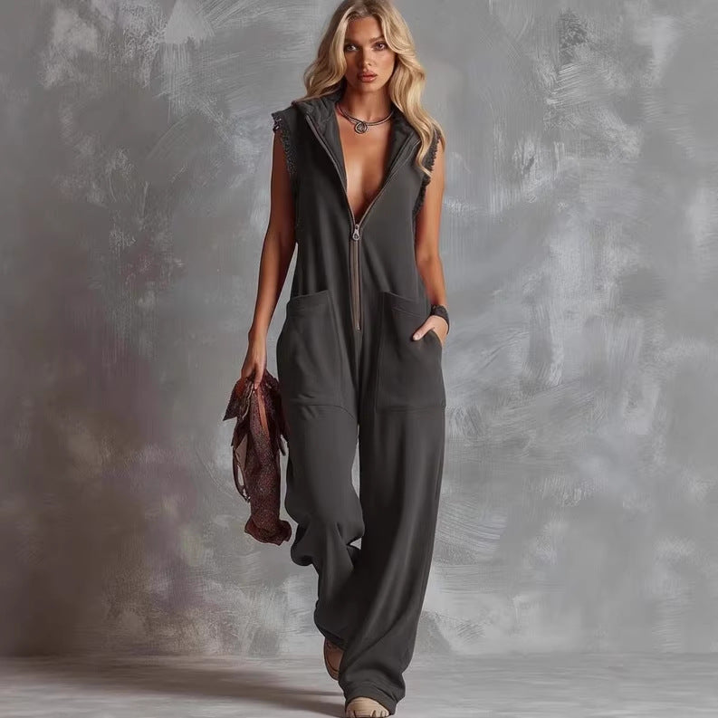 Women's Retro Hooded Zip-Up Casual Jumpsuit