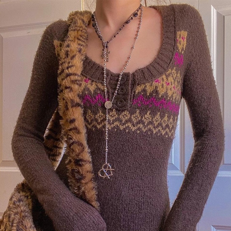 Elegant Base-layer Color-block Crew-neck Long-sleeve Knit Sweater