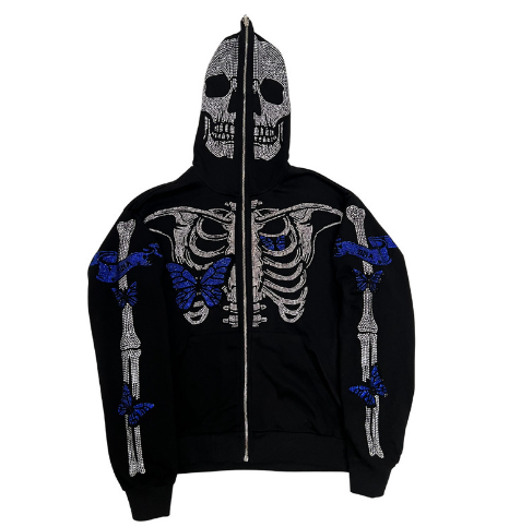 Unisex Printed Rhinestone Zip-Up Hooded Cardigan