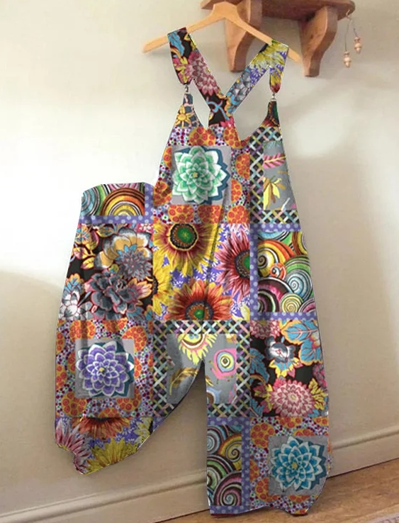 Bohemian Style Colorful Patchwork Overalls Wide-leg Jumpsuit For Women