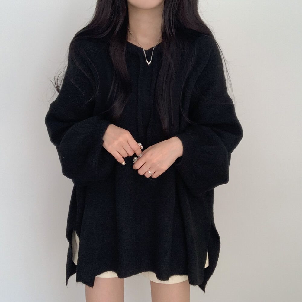 Korean-style Relaxed-fit Knitted Hoodie with a Laid-back Vibe and Puffed Sleeves