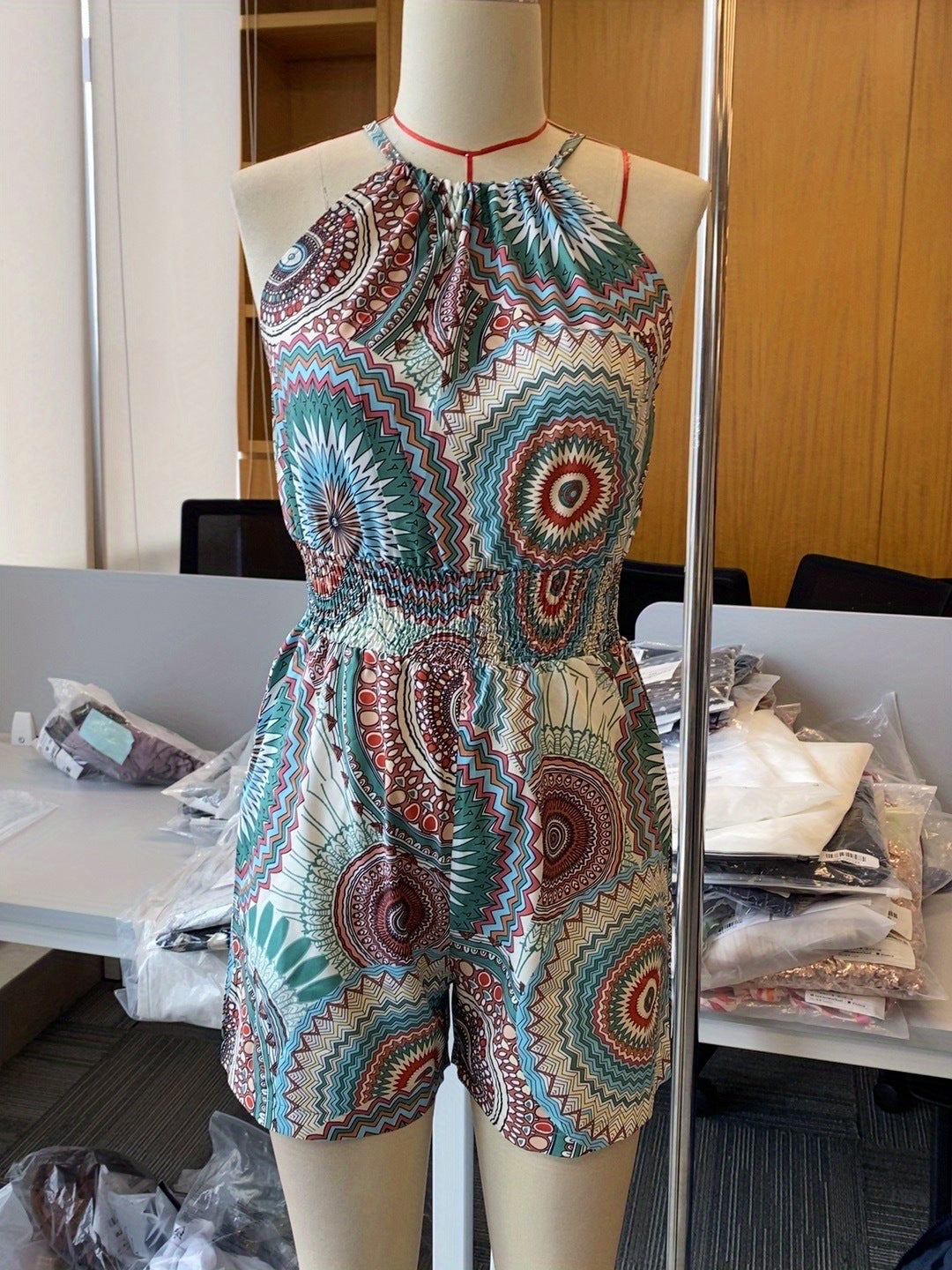 Printed Halter Off-the-Shoulder One-Piece Romper Shorts