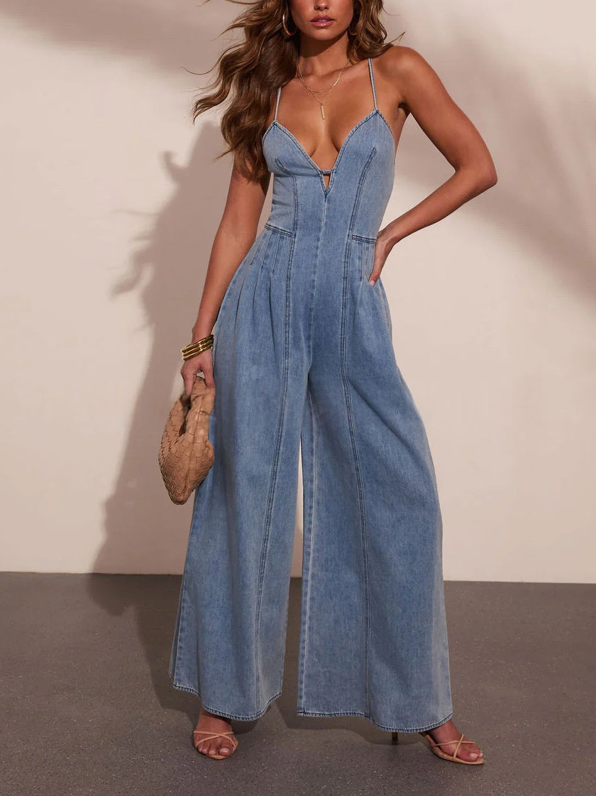 Women's High-Stretch Denim Wide-Leg Jumpsuit