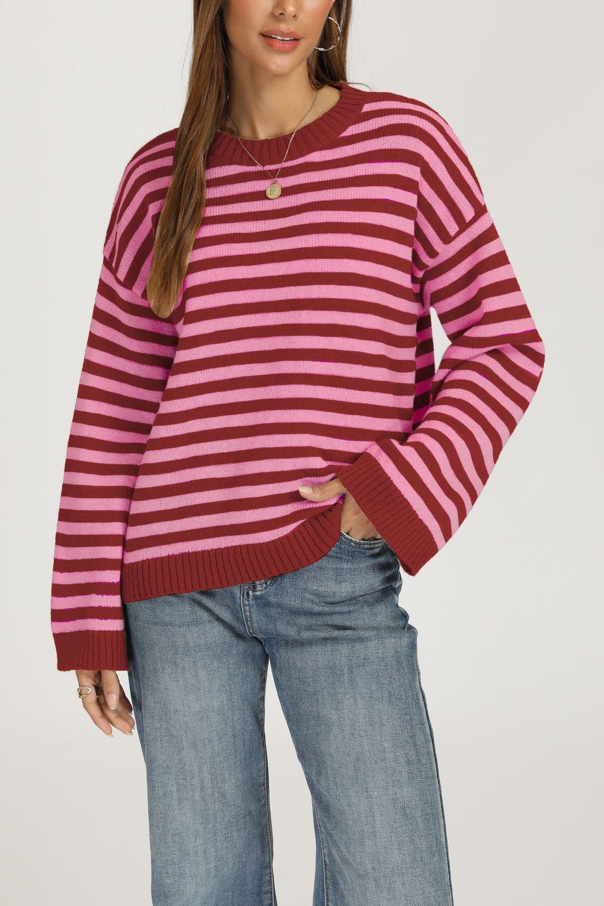 Loose-fitting Striped Knit Top Sweater for Women