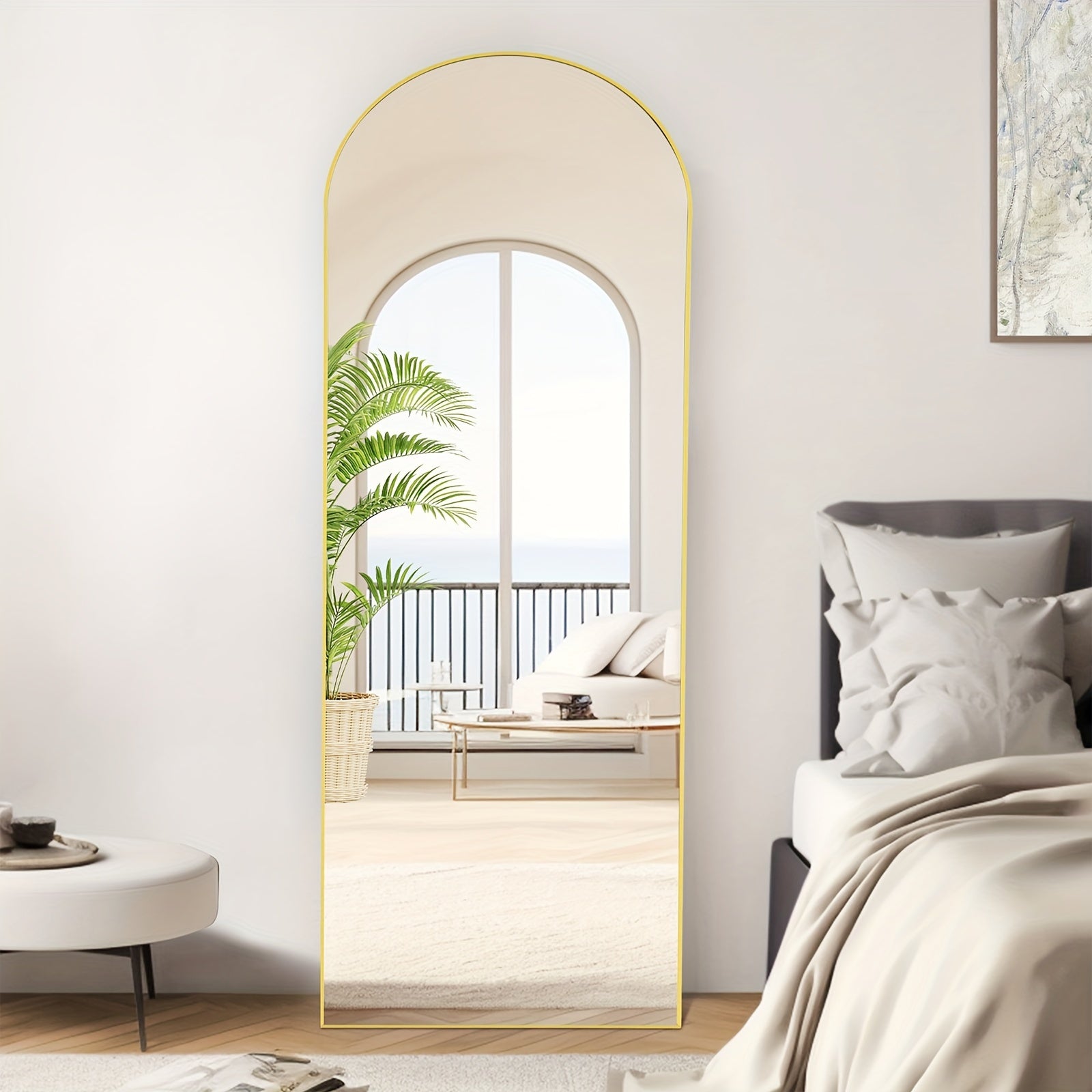 Arched Full Length 64" X 21"/ 59"x16"Mirror With Stand, Floor Mirror With Aluminum Alloy Frame For Bedroom, Standing Full Body Mirror With Shatter-Proof Nano Glass For Wall, Living Room, Cloakroom