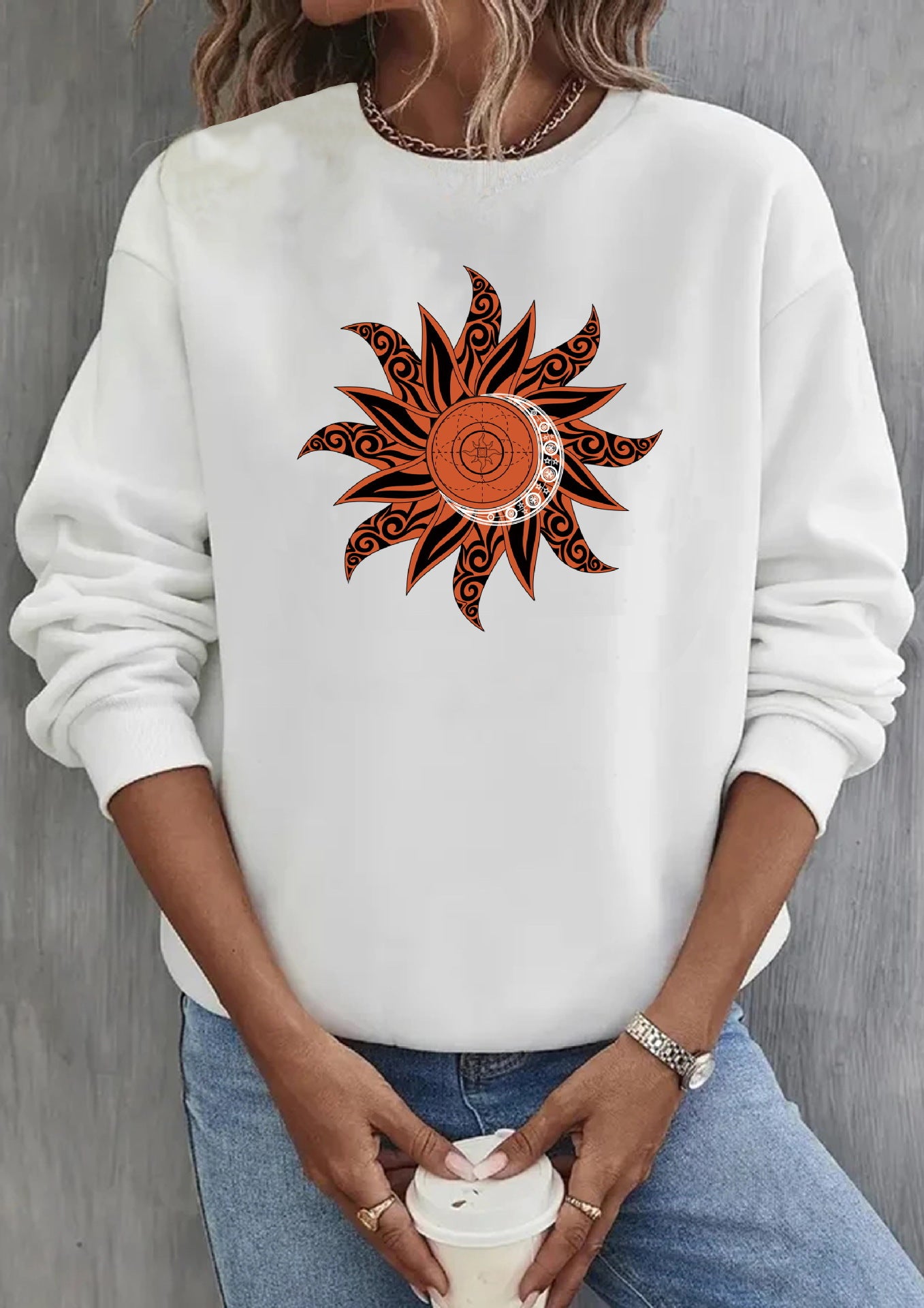 Cute Sun Print Casual Round Neck Pullover Sweater