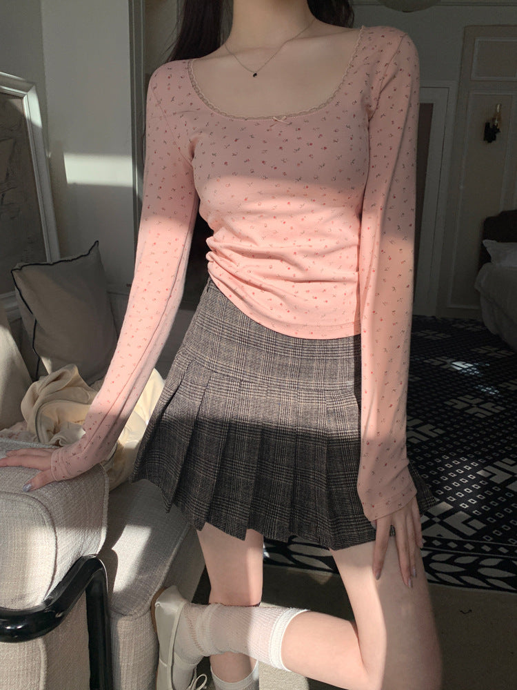 Floral Lace Long Sleeve Slim Crop Top