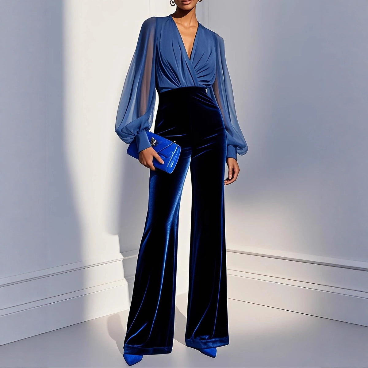 Elegant Velvet V-Neck Long Jumpsuit