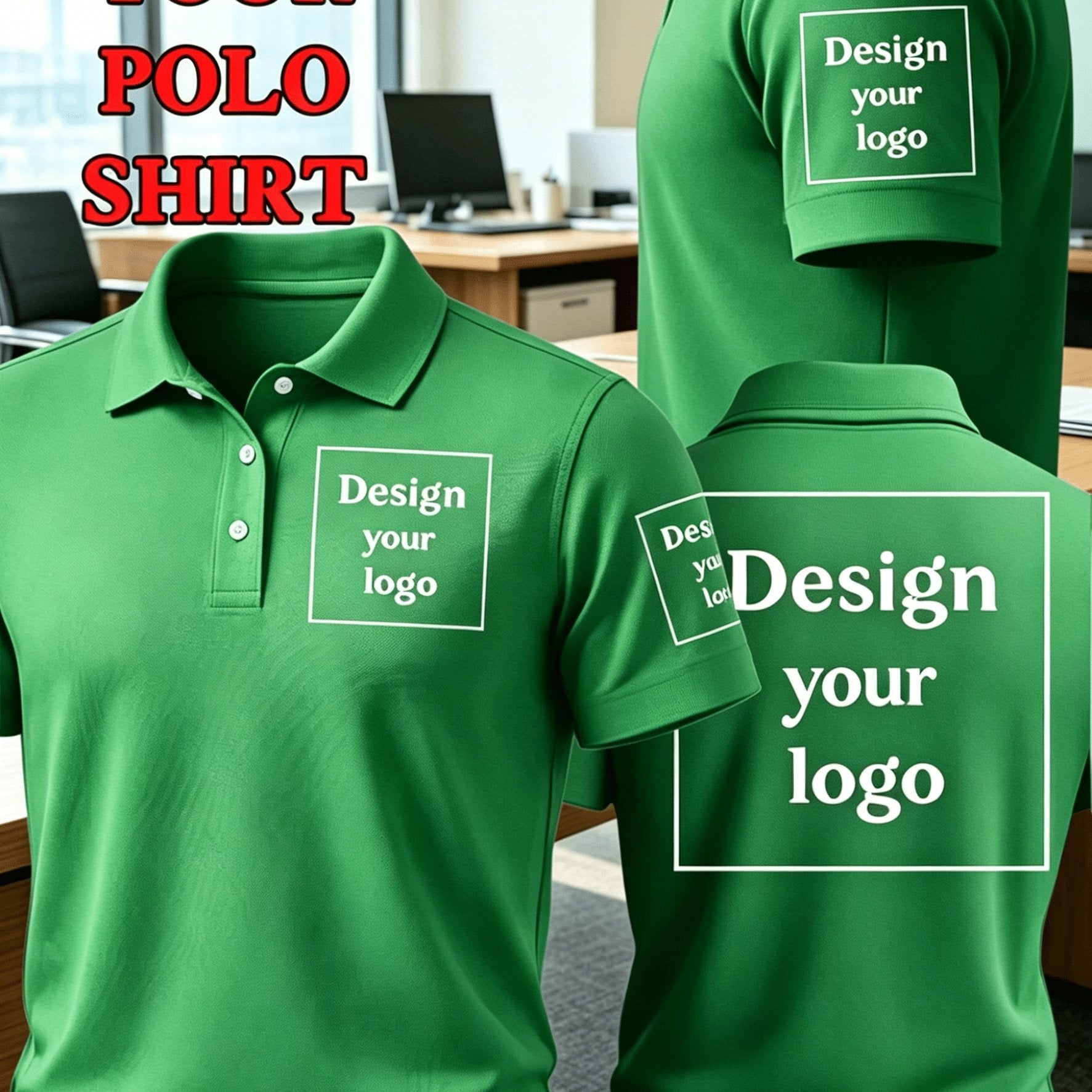 Customizable White Men's Polo Shirt with Front Chest, Sleeve, and Back Printing